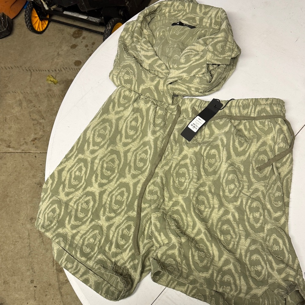 Green Patterned button down and Shorts Set